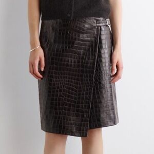 Cos brown croc embossed leather wrap skirt